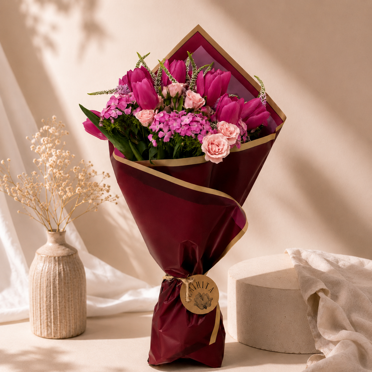Ramo de tulipanes con mini rosa